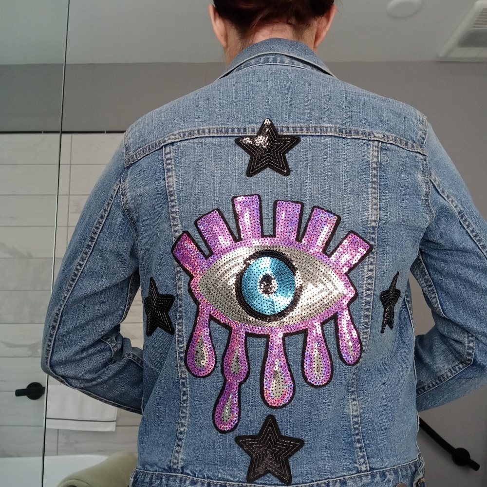 Reworked Blue Denim Jacket with Sequin Patches
